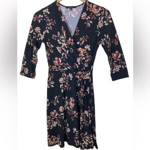 HaiL3y:23 Black Floral Faux Wrap Dress Size Small 3/4 Sleeve V-Neck